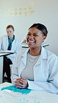 Science, student and woman laugh in class for learning, university or knowledge for medical research. College, funny girl and education with chemistry joke, stem development and listening to lecture