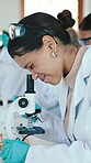 Science, students and girl with microscope in high school, biology class and research practical lesson. Medical equipment, study sample and teenager with chemistry experiment in lab, analysis and ppe