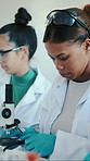 College, chemistry and women with microscope for sample, experiment and research project. Students, microbiology and education with analysis, classroom and laboratory for scholarship and pathology