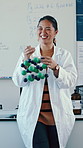 Speaking, professor or woman with molecule for education, science class or chemical compound knowledge. Research lab, smile or Asian teacher with particle structure explanation, medical info or laugh