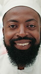 Happy, black man and face of chef in restaurant with confidence for career in hospitality. Smile, kitchen and portrait of African male culinary expert with customer service in catering at hotel.
