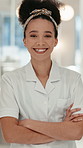 Face, creative and business woman with confidence, about us or event planner with career opportunity. Portrait, arms crossed and happy employee in workplace, venue organizer or coordinator with pride