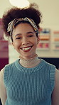 Hospitality, face or woman in cafe with smile, pride or owner of bistro business. About us, portrait or restaurant manager with happiness, career experience or confidence in dining industry.