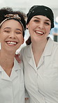 Face, entrepreneur or women with teamwork in kitchen, professional baker or confidence for food industry. Smile, small business or pastry chef with pride for culinary skills, bakery artisan or laugh