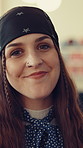 Hospitality, face or person in cafe with smile, pride or owner of bistro business. About us, portrait or restaurant manager with happiness, career experience or confidence in dining industry.