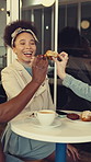Friends, night or woman in coffee shop with dessert, healthy relationship or bonding together on weekend break. Happiness, pastry or people with beverage, group connection or hangout in late evening.