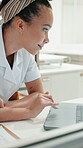 Chef, woman and research in restaurant with laptop, recipe ideas or website for inventory management. Person, reading and browsing in kitchen with computer, online food trend or review for menu plan.