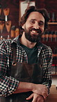 Face, smile or leather artisan in workshop with pride, ambition or career in goods manufacturing. Portrait, man or craftsman in factory with confidence, about us or textile industry in Australia.