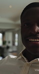 Tour, live streaming and face of black man in home for content creation, online vlog and talking. Happy, pov and portrait of person with recording for social media, connection and internet chat