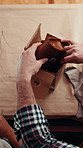 Ecommerce, people or packing box of leather in workshop for delivery, logistics and export above. Tannery, shipping and workers with package in small business, order and distribution with team