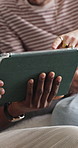 Tablet, relax and friends on sofa in home for reading funny blog, social media post or texting. Happy, digital technology and hands of people with networking on mobile app in living room at house.