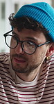Sad, anxiety and man in home, support for mental health and mistake in living room. Apartment, fail and person with depression, frustrated and reaction for emotion, expression for crisis and worry