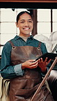 Face, woman and tablet in factory with leather production, smile and online research for textile plant. Happy, person and artisan in workshop with tech, experience and shelf for fabric manufacturing.