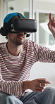 Hands, scroll and man with virtual reality glasses for cyberspace, metaverse and digital entertainment. Home, touch and person with vr headset for interactive ui, streaming and futuristic website