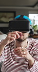 Home, scroll and man with virtual reality glasses for cyberspace, metaverse and digital entertainment. Apartment, hands and person with vr headset for interactive ui, streaming and futuristic website