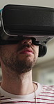 Home, touch and man with virtual reality glasses for cyberspace, metaverse and digital entertainment. Apartment, scroll and person with vr headset for interactive ui, streaming and futuristic website