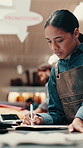 Writing, stock and woman in leather workshop for production planning, sales and manufacturing info. Artisan, book and person in studio for fashion, creative craft or check inventory in small business
