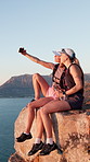 Friends, hiking and selfie with photography on cliff for travel, social media post and holiday trip. Space, women and smile for profile picture update, capture view and vacation with adventure memory