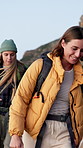 Nature, backpacking and girl friends on mountain for outdoor hiking, adventure or fitness on holiday. Travel, journey and people trekking for exercise, hobby or health on vacation or weekend trip.
