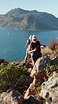 Hiking, fitness and women in nature, ocean and cardio workout for health benefits. Outdoor, friends and people with routine, adventure and environment with vacation, hiker and support for exercise