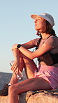 Hiking, sightseeing and woman on mountain for adventure, travel or fitness with exercise. Happy, journey and female person trekking with outdoor scenery for workout, challenge or active in nature.