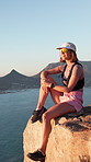 Hiking, relax and woman with fitness, smile and adventure with sunshine, wellness and holiday. Outdoor, hiker and person with summer break, happiness and trekking for health benefits and thinking