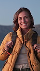 Face, hiking and woman in nature, smile and adventure for wellness, health benefits and vacation. Hiker, outdoor or person with weekend break, journey or exercise to explore or happiness in Australia