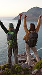 Back, hiking and women with celebration, ocean or cheering for training, challenge or wellness. Wow, hikers and people in nature, seaside or explore wilderness with gratitude, trekking or achievement