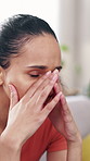Anxiety, stress and woman on sofa in home with reflection for mistake, sad memory and breakup. Apartment, lonely and person on couch with depression, worry and regret for relationship decision