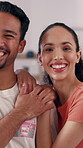 Face, happiness and couple embrace in home with trust, love and bonding for healthy relationship. Man, woman and smile with hands together for commitment, loyalty and support with hug at house