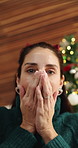 Christmas, face and woman in house with open box, gift surprise and thankful in xmas celebration. Low angle, POV and mature person with unboxing, present gratitude and shock in festive season.