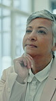 Glass wall, thinking and business woman in office for financial strategy, agenda and insight. Board, planning and mature consultant brainstorming for investment, project management or problem solving
