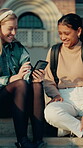 Phone, students and smile with friends in college for social media, scholarship post and education app. Communication, connection and learning blog with people on campus for university chat forum
