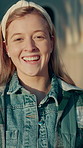High school, happy and face of girl outdoor for education, learning and ready for knowledge on campus. Academy, campus and portrait of teenager with backpack for lesson, development and scholarship