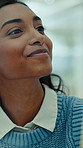 Glass wall, strategy and business woman in office for planning, financial agenda or writing. Sticky note, idea or happy consultant brainstorming for investment, project management or problem solving