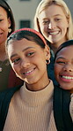 Teenager, students and selfie at high school with smile, social media post and bonding for education. Happy, gen z girls and photography outdoor at academy with memories, trust and friends at recess.