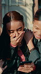 Phone, students and excited with friends in college for social media, scholarship post or education success. Communication, good news and learning blog with people on campus for university chat forum