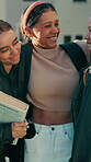 Hug, friends and education with students outdoor for smile, scholarship advice and bonding. Support, learning and happiness with group of people or teenagers on campus for high school and study