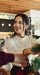 Christmas, tree and woman in lounge, ornament for festive season and holiday in living room. Home, vacation and person with happiness, aesthetic or decoration for celebration, Xmas event or bauble