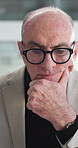 Thinking, review or mature man in firm with glasses, insight or budget report for funding pitch. Reflection, reading or finance consultant with specs, portfolio check or proposal ideas for investment