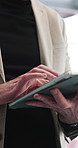 Hands, business and person with tablet in office for research, finance report and bookkeeping. Mature man, typing and digital for client inquiry, audit account and information with financial records