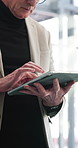 Hands, business and man with tablet in office for research, finance report and bookkeeping. Mature person, reading and digital for client inquiry, audit account and information with financial records