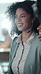 Discussion, teamwork and woman with headset in office, telemarketing advice and joke for sales pitch. Laugh, conversation and happy people with planning for lead generation, tech or closing deal tips