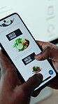 Menu, delivery app and hands in office with phone screen, scrolling and takeaway results for lunch order. Ecommerce, browsing and person with tech, takeout food site or meal display during break.
