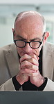 Thinking, glasses or mature man in firm with laptop, insight or budget review in funding pitch. Reflection, tech or finance consultant with specs, portfolio check or proposal ideas for investment.
