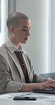 Business, woman and typing with laptop in office for research, finance report and bookkeeping. Accountant, pc and review email for client inquiry, audit account and information with financial records