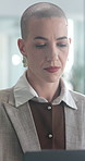 Business, woman and reading with laptop in office for research, finance report and bookkeeping. Accountant, pc or review email for client inquiry, audit account and information with financial records