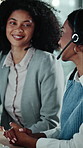 Call center, women and laugh with team, discussion or coaching intern for technical support. Funny joke, contact us and agent in office for customer care, IT hotline and training advice with mentor