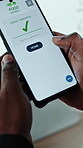 Purchase, delivery app and hands in agency with phone screen, order complete and takeaway results for lunch. Ecommerce, display and person with tech, takeout food site or meal checkout during break.
