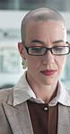 Business, glasses and woman in office, thinking and planning for story proposal. Person, copywriting and journalist in workplace, eyewear for clear vision and creativity for article publication